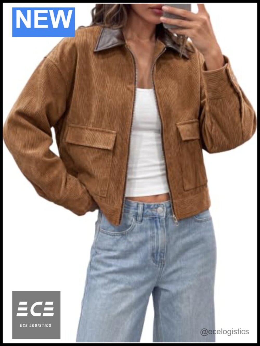 Womens Cropped Corduroy Jacket Oversized Zip Up Barn Bomber Coat Casual